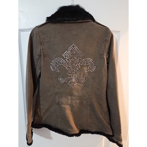 Y2K S Miss Me Olive Army Jacket, Real Rabbit Fur Lined & FleurDeLis Studded Back - Picture 3 of 8